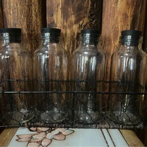 Farmhouse Wire Basket w/4 Glass Bottles